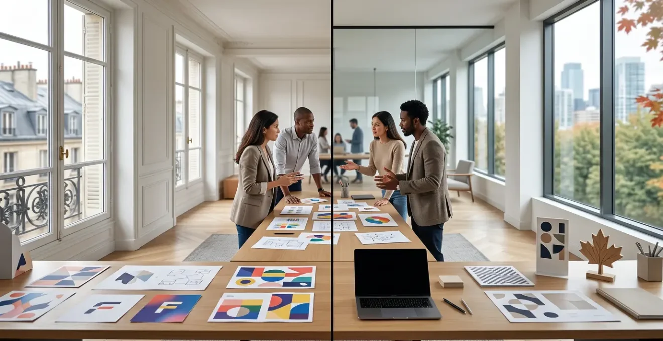 Réunion créative entre équipes marketing montrant le contraste entre approches françaises et canadiennes