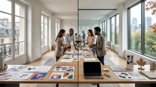 Réunion créative entre équipes marketing montrant le contraste entre approches françaises et canadiennes