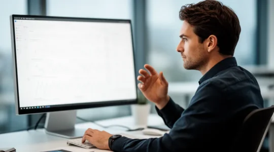 Professionnel analysant les résultats de recherche Google sur un écran d'ordinateur pour identifier l'intention de recherche