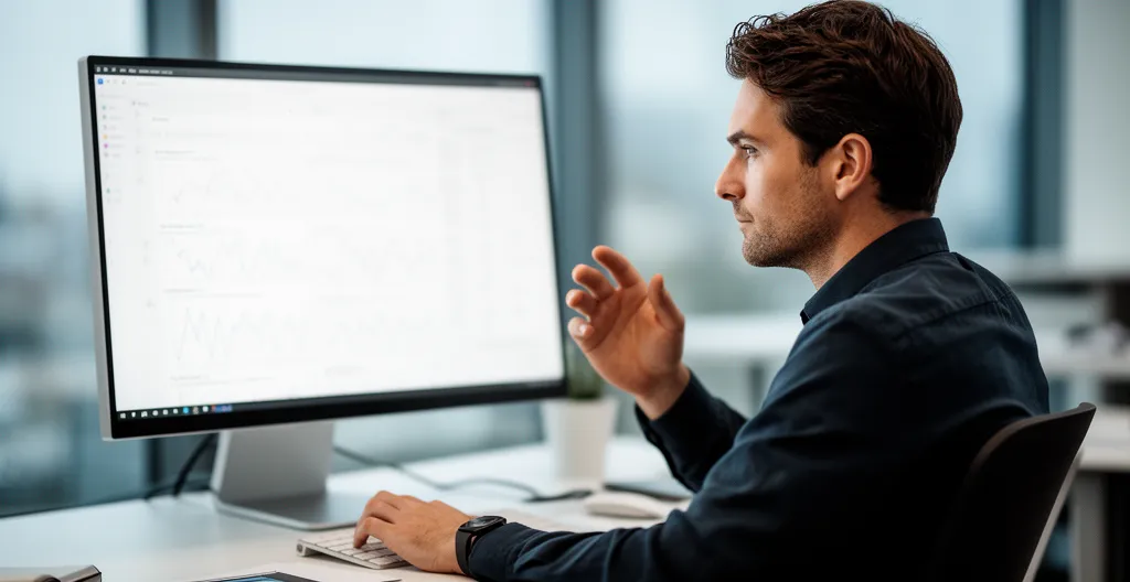 Professionnel analysant les résultats de recherche Google sur un écran d'ordinateur pour identifier l'intention de recherche