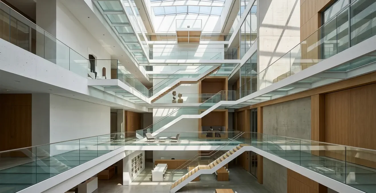 Vue architecturale moderne d'une structure de contenu web avec niveaux hiérarchiques visibles et organisation claire