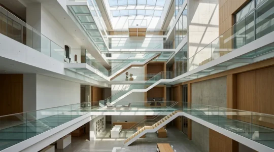 Vue architecturale moderne d'une structure de contenu web avec niveaux hiérarchiques visibles et organisation claire