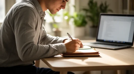 Personne concentrée rédigeant une lettre de motivation à son bureau avec une lumière naturelle douce
