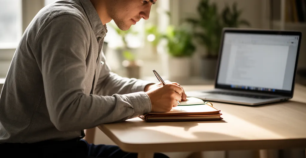 Personne concentrée rédigeant une lettre de motivation à son bureau avec une lumière naturelle douce