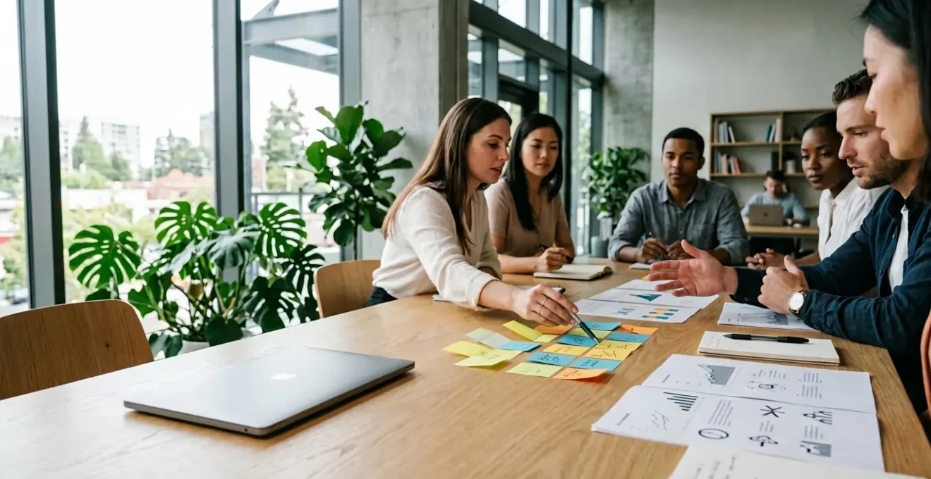Bureau moderne avec documents de charte éditoriale posés sur une table de réunion, mains d'équipe collaborative