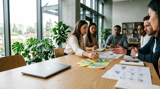 Bureau moderne avec documents de charte éditoriale posés sur une table de réunion, mains d'équipe collaborative