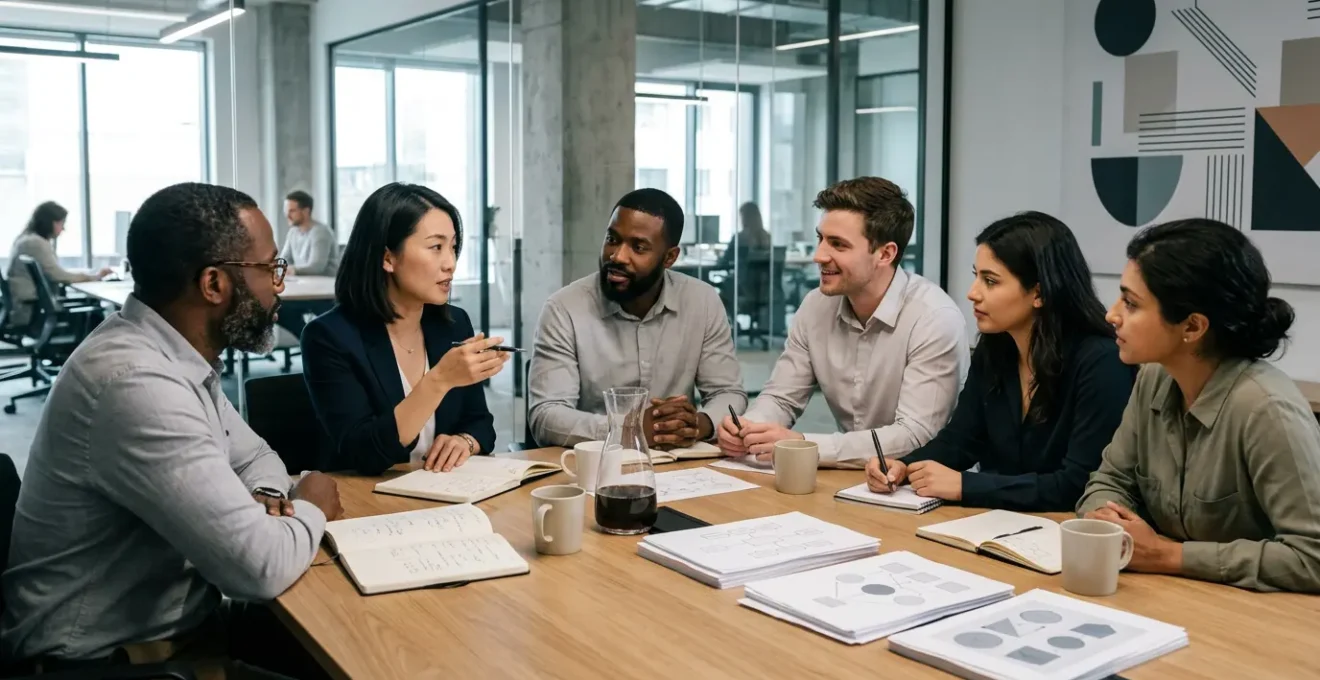 Équipe de professionnels collaborant autour d'une table de travail avec des documents et un tableau lumineux en arrière-plan, créant une ambiance de travail structurée et productive.
