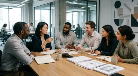 Équipe de professionnels collaborant autour d'une table de travail avec des documents et un tableau lumineux en arrière-plan, créant une ambiance de travail structurée et productive.