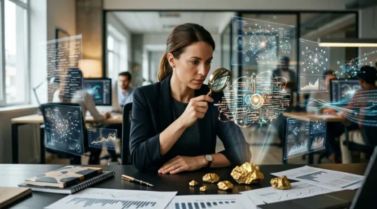 Un chercheur analyse des données sur plusieurs écrans dans un bureau moderne et lumineux