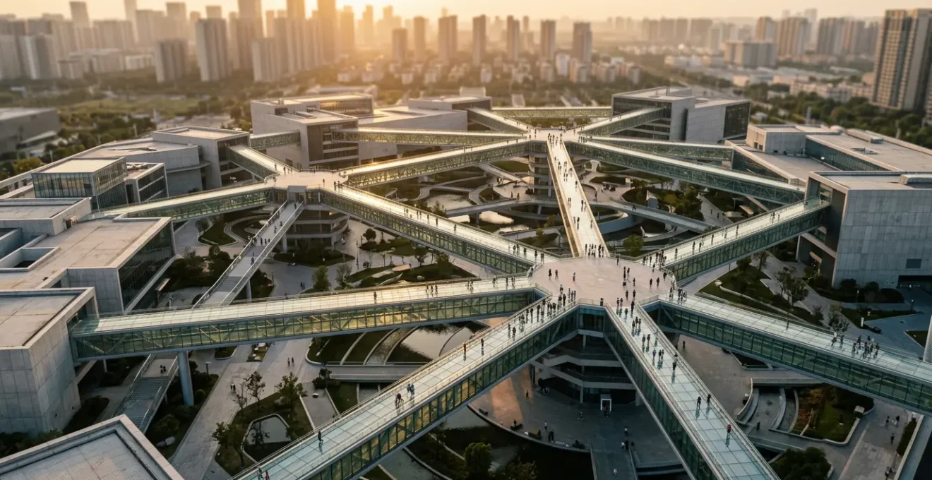 Vue aérienne architecturale d'une structure en toile d'araignée avec des connexions lumineuses représentant le maillage sémantique