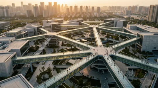 Vue aérienne architecturale d'une structure en toile d'araignée avec des connexions lumineuses représentant le maillage sémantique