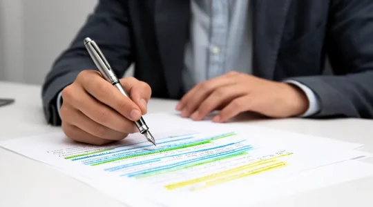 Un espace d'apprentissage du français moderne montrant une personne concentrée devant un bureau épuré, avec des éléments évoquant la grammaire française