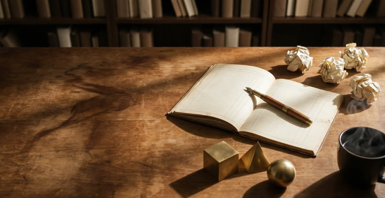 Écrivain travaillant sur un manuscrit avec divers éléments d'organisation disposés harmonieusement sur un bureau