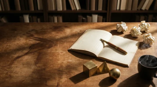 Écrivain travaillant sur un manuscrit avec divers éléments d'organisation disposés harmonieusement sur un bureau