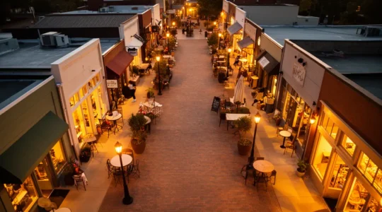 Vue aérienne d'un quartier commercial moderne avec géolocalisation de commerces sur carte interactive