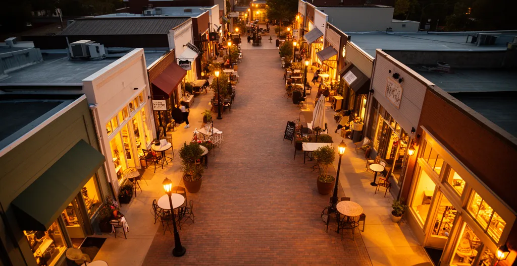 Vue aérienne d'un quartier commercial moderne avec géolocalisation de commerces sur carte interactive