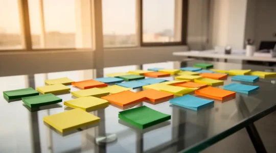 Séance de brainstorming créatif avec des post-its colorés et des esquisses publicitaires