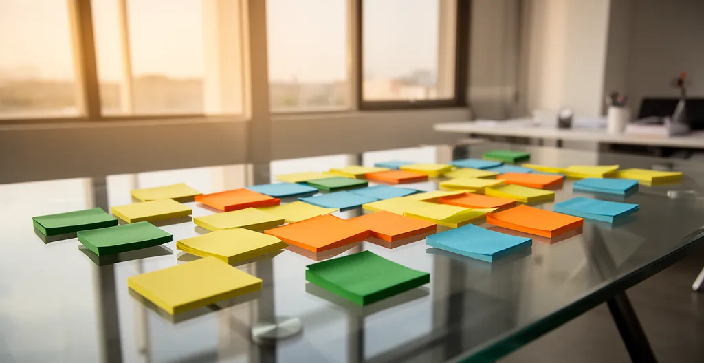 Séance de brainstorming créatif avec des post-its colorés et des esquisses publicitaires