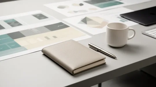 Consultant éditorial dans un environnement de travail moderne avec documents stratégiques et tableau de planification