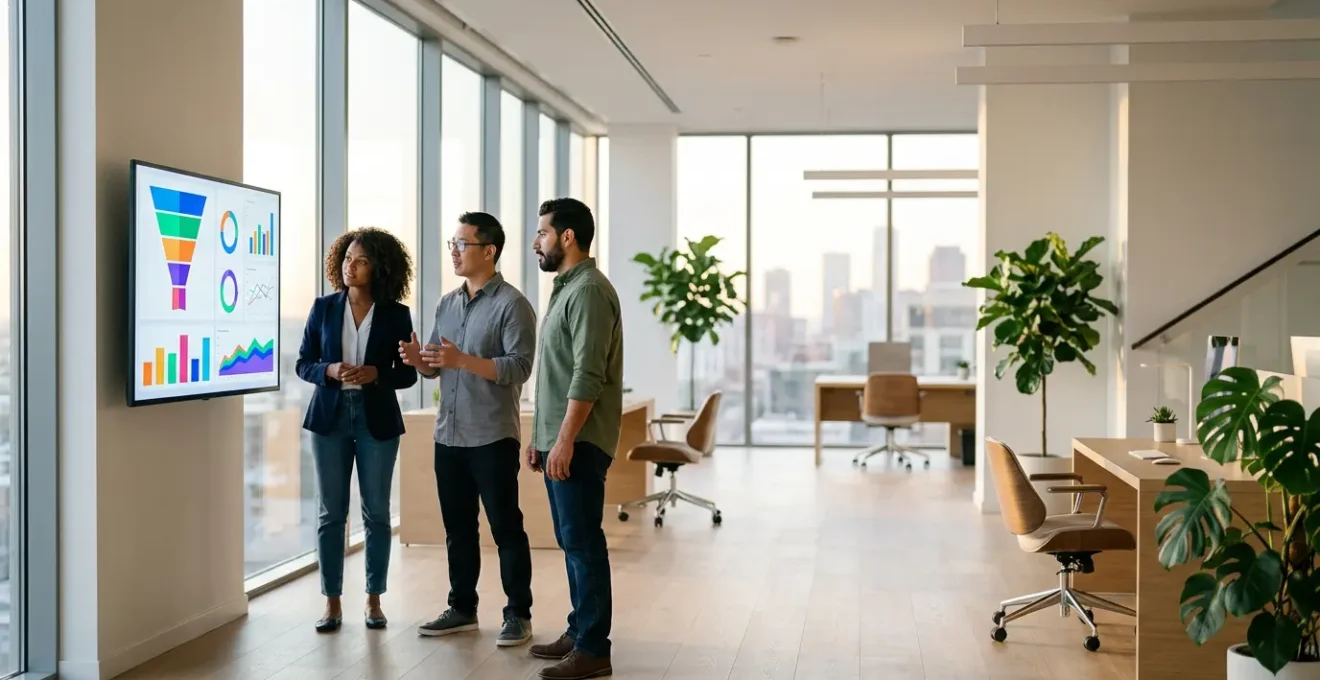 Bureaux modernes avec équipe analysant tableaux de conversion sur écrans, ambiance collaborative et professionnelle