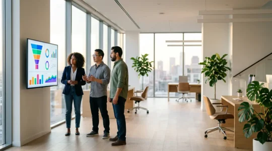 Bureaux modernes avec équipe analysant tableaux de conversion sur écrans, ambiance collaborative et professionnelle