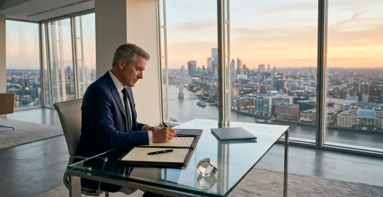 Dirigeant rédigeant un document stratégique dans un bureau exécutif moderne avec vue sur la ville