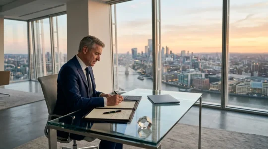 Dirigeant rédigeant un document stratégique dans un bureau exécutif moderne avec vue sur la ville