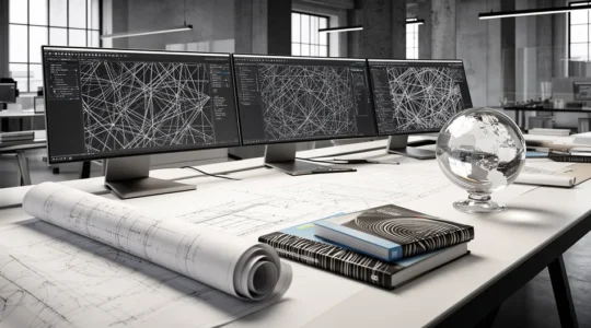 Bureau d'ingénieur avec documents techniques multilingues et outils de traduction professionnels