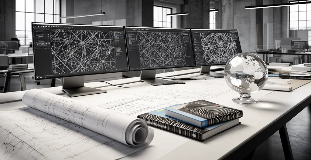 Bureau d'ingénieur avec documents techniques multilingues et outils de traduction professionnels