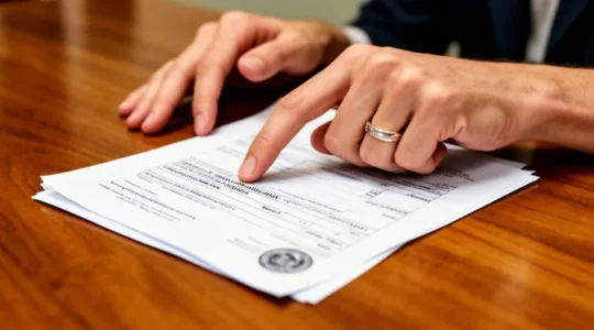 Mains examinant soigneusement des documents administratifs avec une alliance posée à côté sur une table en bois