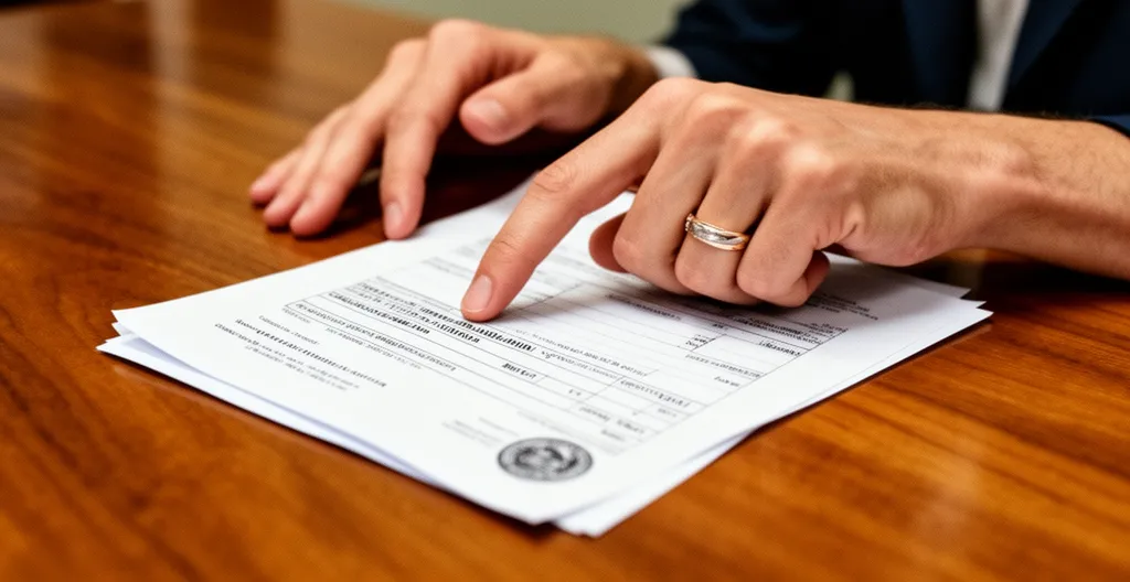 Mains examinant soigneusement des documents administratifs avec une alliance posée à côté sur une table en bois