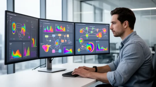 Expert en marketing digital analysant des données de conversion sur plusieurs écrans dans un environnement de travail moderne