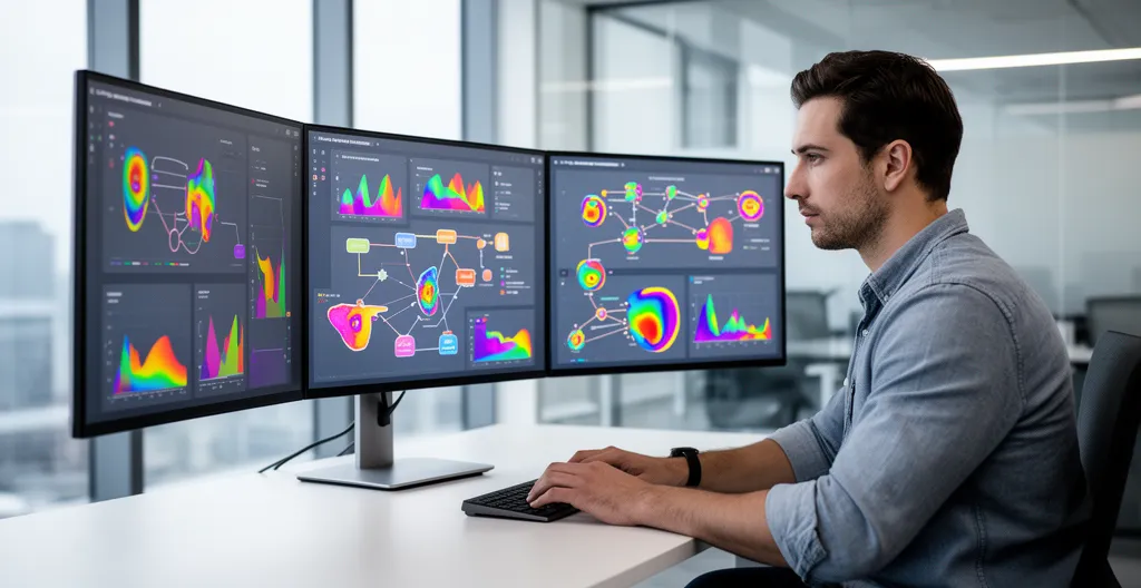 Expert en marketing digital analysant des données de conversion sur plusieurs écrans dans un environnement de travail moderne