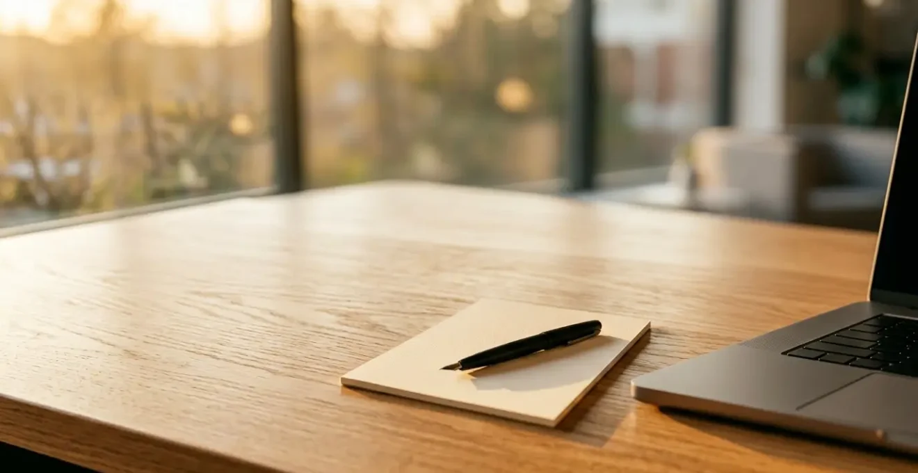 Vue d'un bureau professionnel avec ordinateur portable montrant un écran flou, bloc-notes et stylo rouge pour corrections