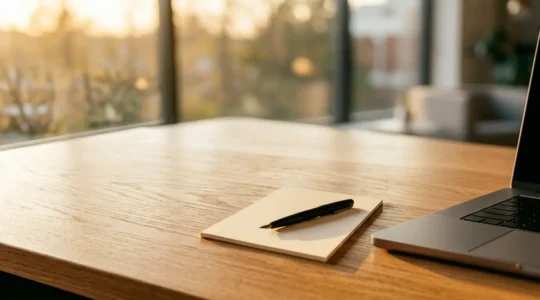 Vue d'un bureau professionnel avec ordinateur portable montrant un écran flou, bloc-notes et stylo rouge pour corrections