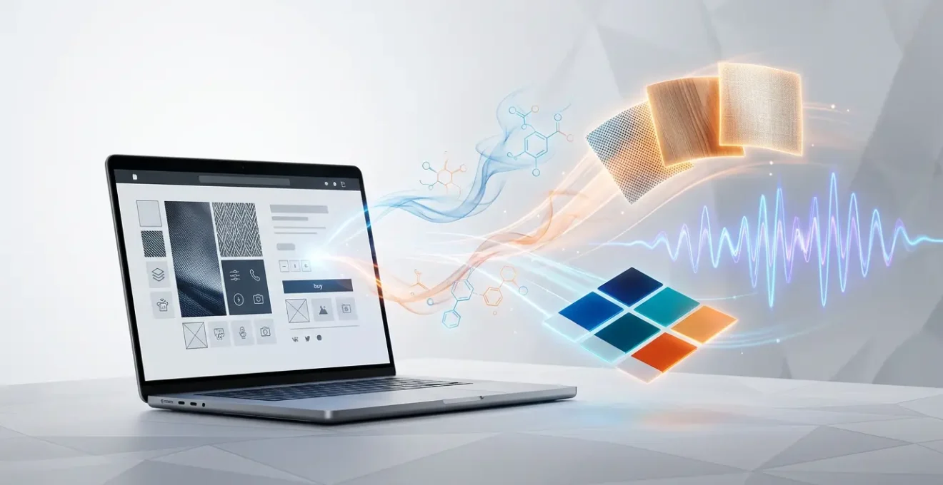 Interface e-commerce moderne avec descriptions produits immersives et éléments sensoriels visuels