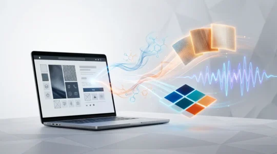 Interface e-commerce moderne avec descriptions produits immersives et éléments sensoriels visuels