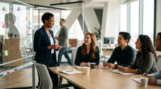Équipe commerciale en formation orthographique dans un environnement professionnel moderne