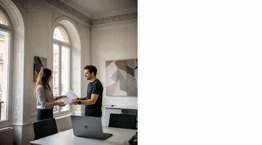 Professionnels échangeant des documents dans un environnement de bureau moderne français