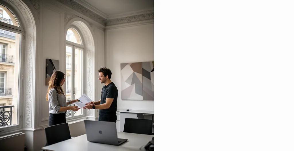 Professionnels échangeant des documents dans un environnement de bureau moderne français