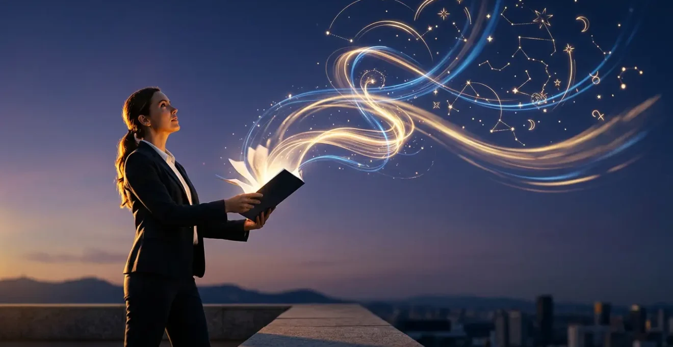 Silhouette d'un professionnel tenant un document transformé en constellation lumineuse narrative