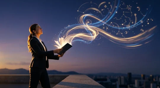 Silhouette d'un professionnel tenant un document transformé en constellation lumineuse narrative