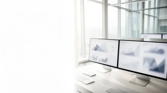 Vue aérienne d'un espace de travail moderne avec plusieurs écrans affichant des métriques de conversion et un professionnel analysant des données de performance