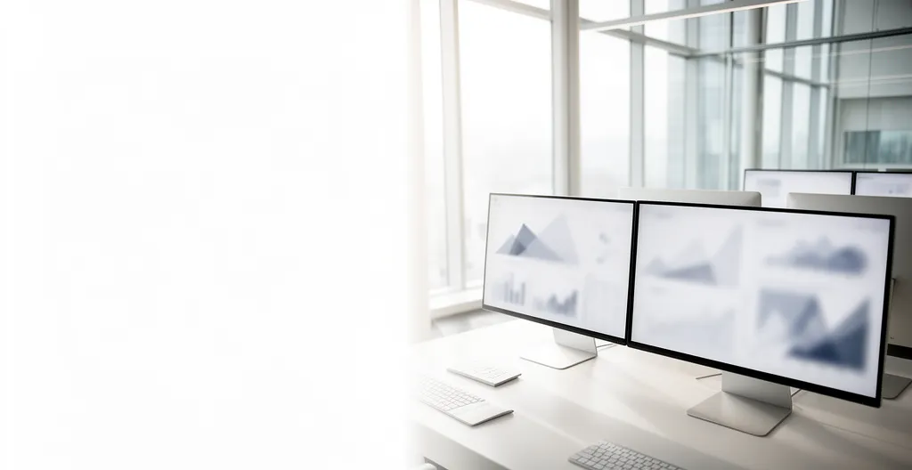 Vue aérienne d'un espace de travail moderne avec plusieurs écrans affichant des métriques de conversion et un professionnel analysant des données de performance