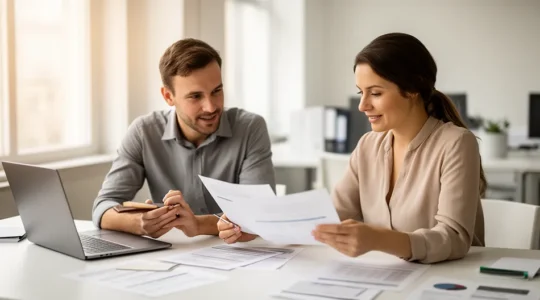Professionnels collaborant sur des documents administratifs dans un espace de travail moderne et lumineux