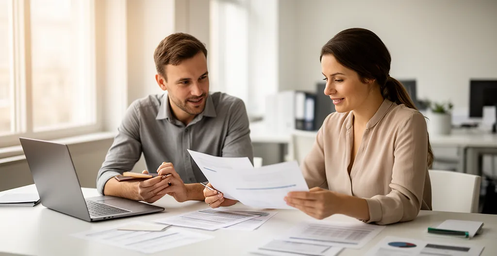 Professionnels collaborant sur des documents administratifs dans un espace de travail moderne et lumineux