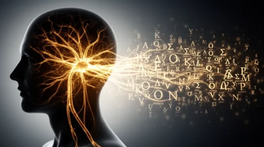 Cerveau humain stylisé avec des lettres flottantes et des connexions neuronales lumineuses représentant la mémorisation de l'orthographe