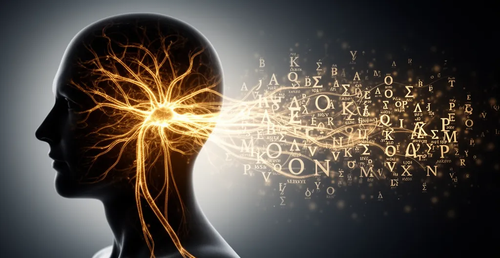 Cerveau humain stylisé avec des lettres flottantes et des connexions neuronales lumineuses représentant la mémorisation de l'orthographe