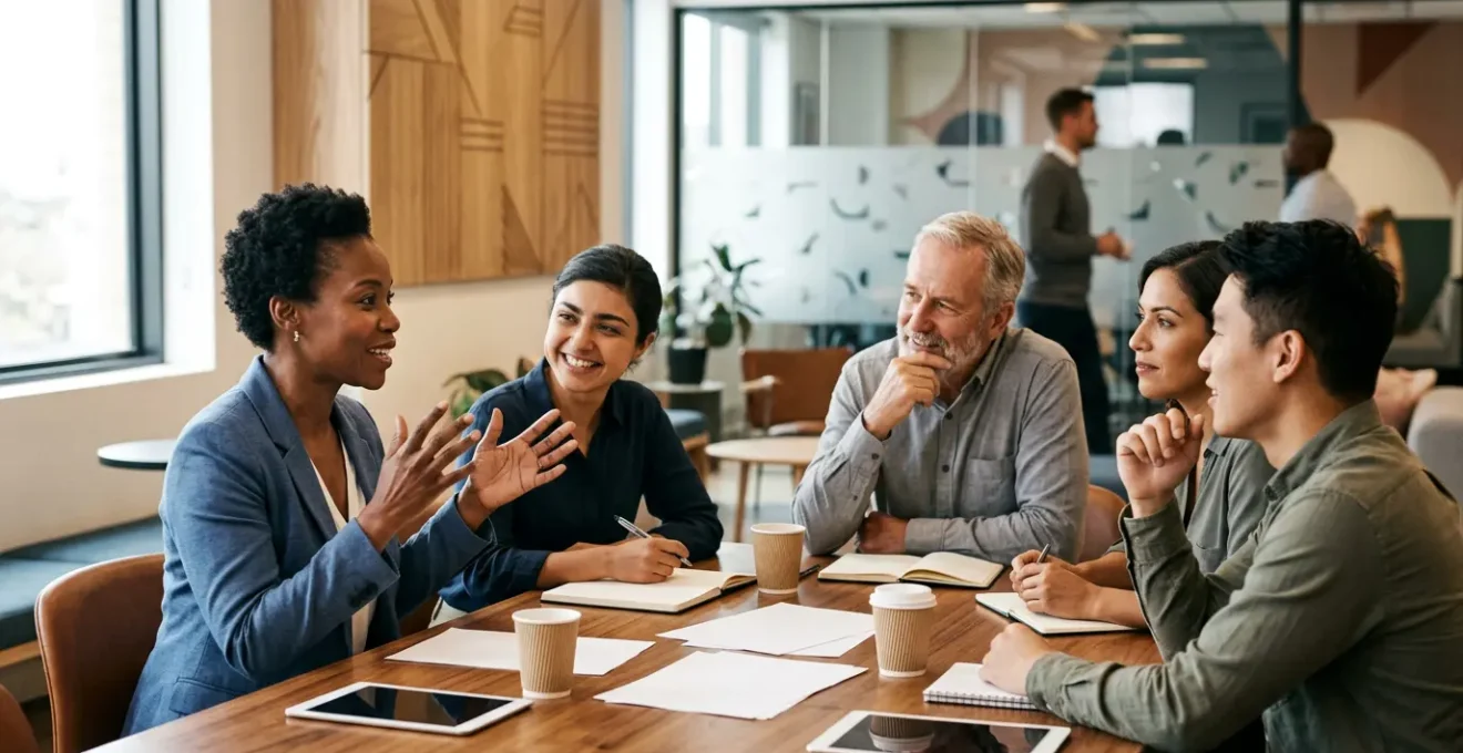 Professionnels en réunion collaborative autour d'une table moderne, travaillant sur des documents, ambiance lumineuse et créative