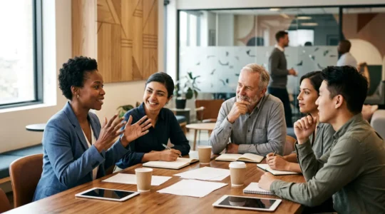 Professionnels en réunion collaborative autour d'une table moderne, travaillant sur des documents, ambiance lumineuse et créative